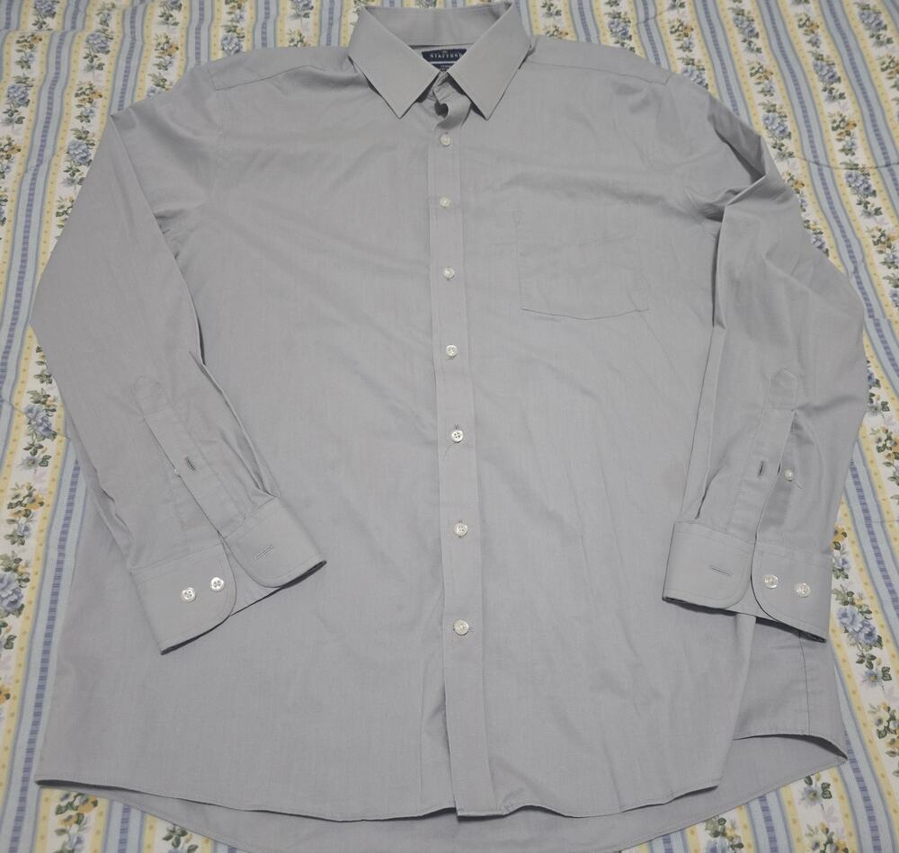 Stafford Travel Easy Care Broadcloth Gray Fitted Button Down Shirt 17 34-35